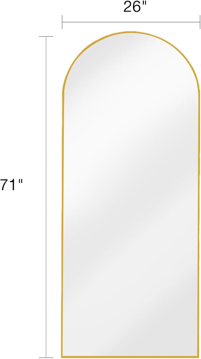 KOMCOTE 71x28 Inch Arched Floor Mirror - Full Length Gold Standing Mirror for Bedroom, Living Room, Dressing - Tall Leaner Mirror with Arch Design, Wall or Free-Standing Decor