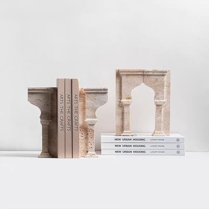 Set of 2 Piece Modern Travertine Bookend, Arc de Triomphe Design, Natural Stone Book Holders for Desk and Shelf (2 pcs 1 Set -Arc de Triomphe)