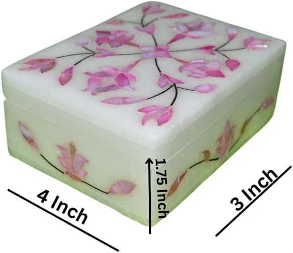 Marble Inlay Jewelry Box 4x3inch Floral Mother of Pearl Inlay Handmade Makeup Organizer Trinket Box - Alabaster Shiny Decorative Marble Ring Box Inlay Art Unique Art Great Birthday Gift, Women Gift