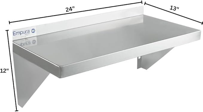 Empura 12" x 24" Stainless Steel Wall Mount Shelf with Backsplash | Commercial Floating Hanging Storage Organizer for Kitchen Laundry Utility Room | 24"W x 12"D x 13"H, 210 lb Capacity, 18 Gauge, NSF