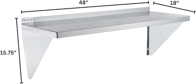 Empura 18" x 48" Stainless Steel Wall Mount Shelf with Backsplash | Commercial Floating Hanging Storage Organizer for Kitchen Laundry Utility | 48"W x 18"D x 15.75"H, 385 lb Capacity, 16 Gauge, NSF