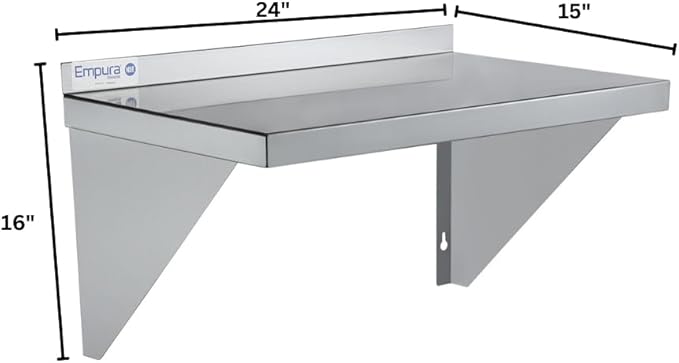 Empura 15" x 24" Stainless Steel Wall Mount Shelf with Backsplash | Commercial Floating Hanging Storage Organizer for Kitchen Laundry Utility Room | 24"W x 15"D x 16"H, 255 lb Capacity, 18 Gauge, NSF