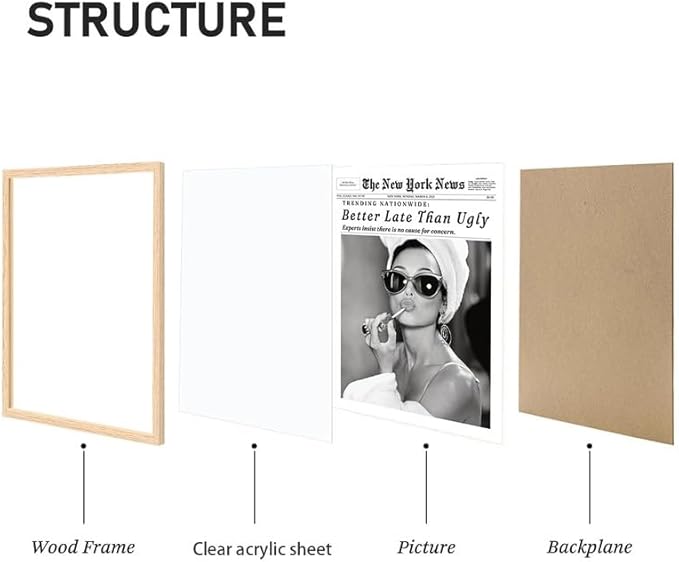 Bwodke OAK Wood Framed Wall Art Audrey Hepburn Newspaper Canvas Art Vintage Headline Pictures Wall Decor Better Late Than Ugly Prints Trendy Artwork for Girly Dorm Bedroom Bathroom 8"x10"