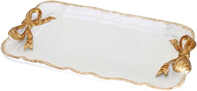 Warmtree Vintage Jewelry Organizer, Decorative Tray for Jewelry, Towel, Storage, Rings, Bracelets, Earrings, Cosmetics, Retro Design, Bow Decor Resin Plate Coquette for Room Decor, White