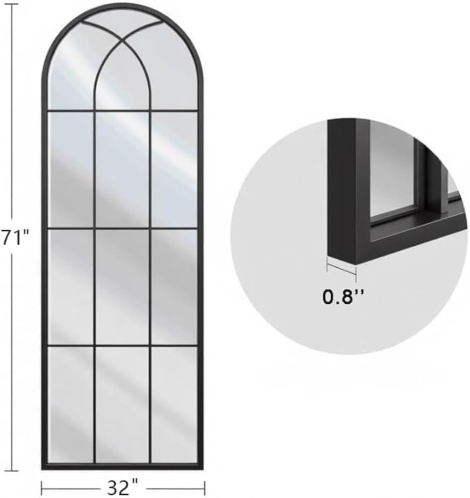 Rowjut Black Full Length & Floor Mirror 71" x 32" Window/Wall Decorative Mirrors, Iron Framed Window Pane Mirror, Arched Top Wall Mirror for Entryway Living Room, Bedroom, Fireplace (Black)