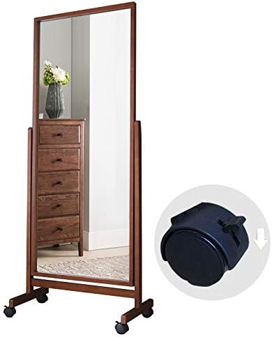 Swivel Full Length Mirror on Wheels 65"x22", Free Standing Wood Frame Cheval Floor Mirror for Dressing, Full Body with Stands, Tilt Angle Adjustable, Brown