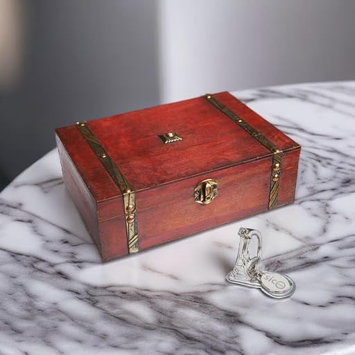 SICOHOME Treasure Chest - 9" x 6.3" x 3" Wooden Pirate Treasure Box with Hinged Lids, Rustic Vintage Decorative Keepsake and Jewelry Box, Trinket Storage Chest Box, Gifts and Home Decoration