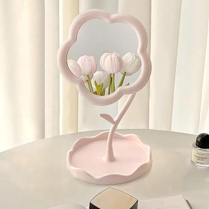 Flower Shape Mirror, Cute Daisy Floral Tabletop Vanity Mirror with Tray, Pink Aesthetic Kawaii Decorative Desk Makeup Organizer, Retro Boho Pastel Room Décor, Pink Color, Set of 1