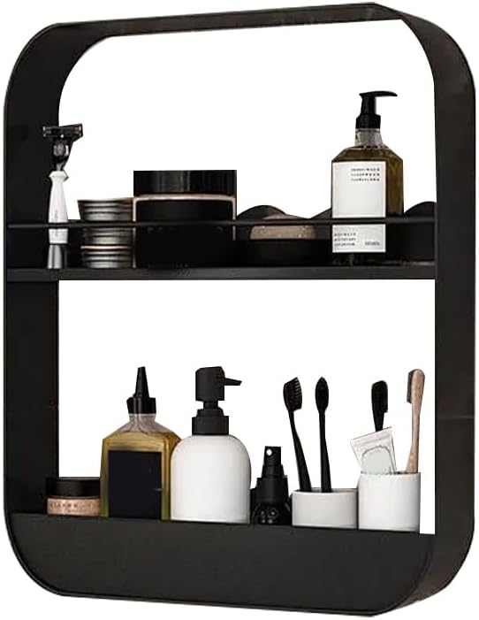 Jerliflyer Wall Mounted Floating Shelves for Bathroom, 2 Layer Carbon Steel Makeup and Cosmetic Organizer Rack