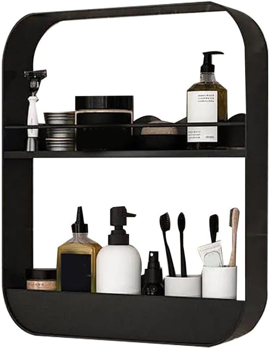 Jerliflyer Wall Mounted Floating Shelves for Bathroom, 2 Layer Carbon Steel Makeup and Cosmetic Organizer Rack