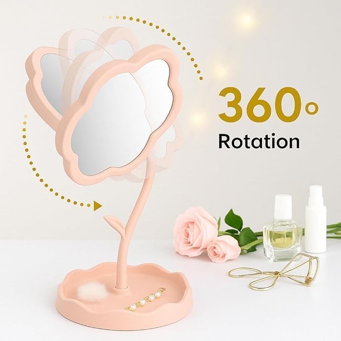 Flower Shape Mirror, Cute Daisy Floral Tabletop Vanity Mirror with Tray, Pink Aesthetic Kawaii Decorative Desk Makeup Organizer, Retro Boho Pastel Room Décor, Pink Color, Set of 1