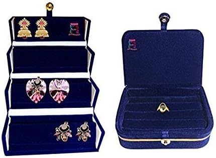 atorakushon Combo Blue Multipurpose Velvet Folder Earring & Ring Box case Jewellery Organizer Pouch Travelling Box