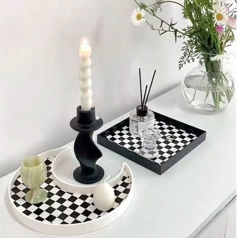Ciandid Checkered Moon Shape Jewelry Tray - Decorative Organizer for Makeup, Perfume, Dresser, Vanity, Bathroom, Coffee Table, Ottoman