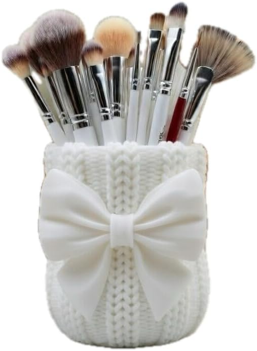 Knitted Bowknot Makeup Brush Holder, Cute Bow Vase, Pen Organizer for Kitchen, Bathroom or Office (White)