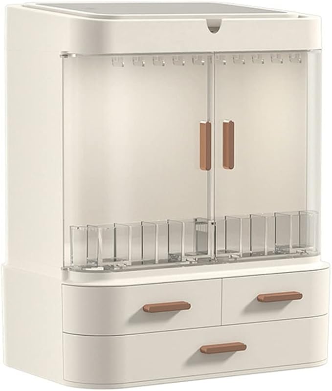 Storage Box with Mirror Light Desktop Makeup Organizer Case Dust-Proof Drawer Type Jewelry Box (Color : White Size : 35.526.629.719.3CM)