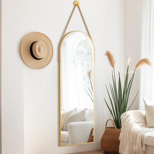 OGCAU 48'' x 16'' Full Length Mirror Wall-Mounted, Full Body Hanging Mirror for Wall and Door in Bedroom, Living Room, Arched-top with Straps, Hanging with Aluminum Alloy Frame (Gold)