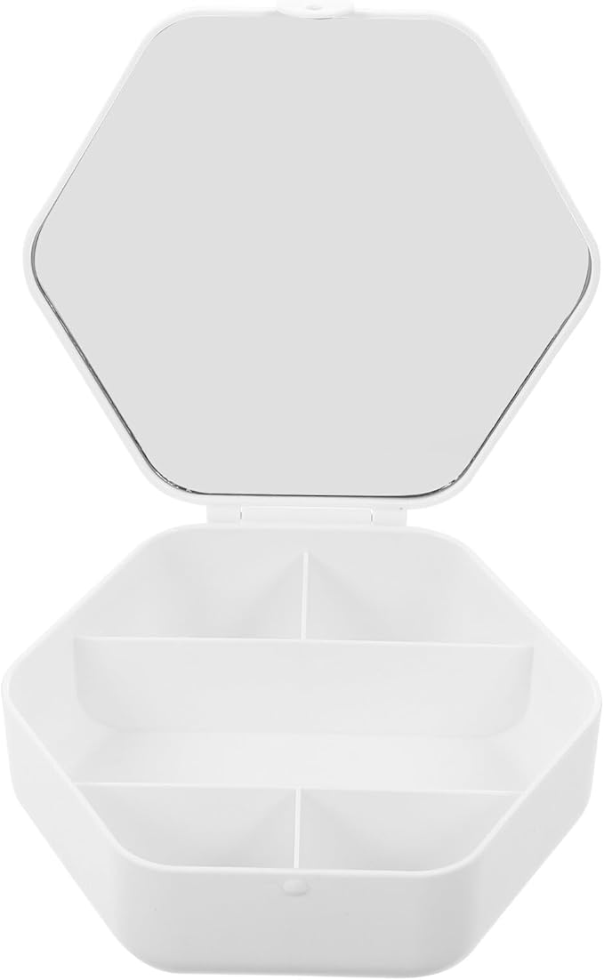 Ipetboom Portable Jewelry Organizer with Mirror Small Hexagon Makeup Storage Box White Travel Jewelry Holder for Women