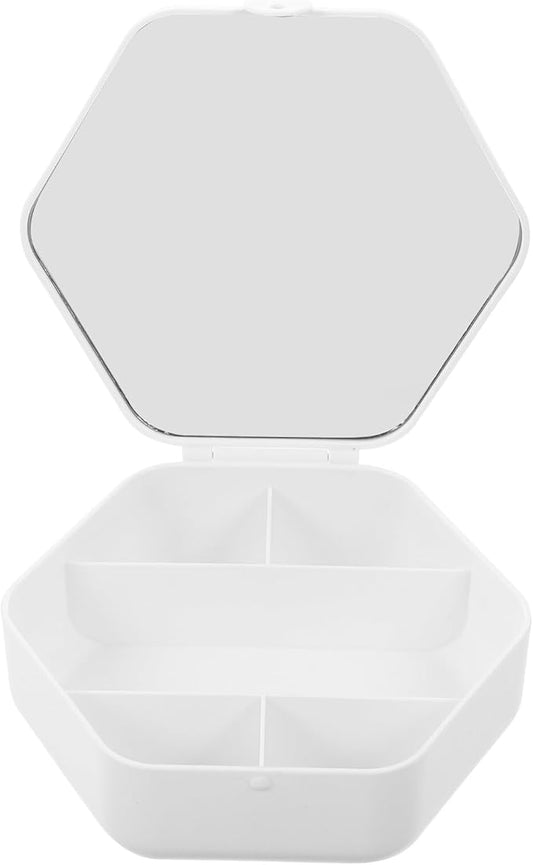 Ipetboom Portable Jewelry Organizer with Mirror Small Hexagon Makeup Storage Box White Travel Jewelry Holder for Women
