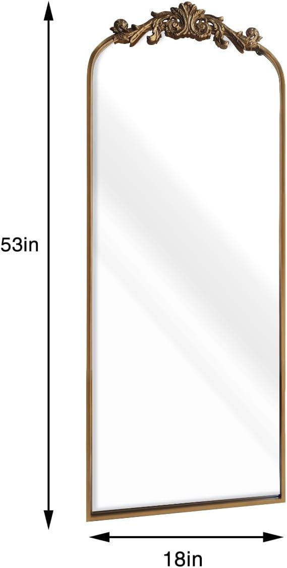 HQiJun Full Length Wall Mirror Decorative Full Body Mirrors Traditional Antique Arched Farmhouse for Living Room Bedroom Entryway Bathroom Vanity (58X13 Inches, Gold)
