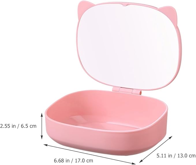 ARTIBETTER Small Jewelry Storage Box with Mirror and Cat Ear Hair Clip, Pink Cosmetic Holder and Hair Tie Organizer, Compact Makeup and Accessories Case for Travel and Home