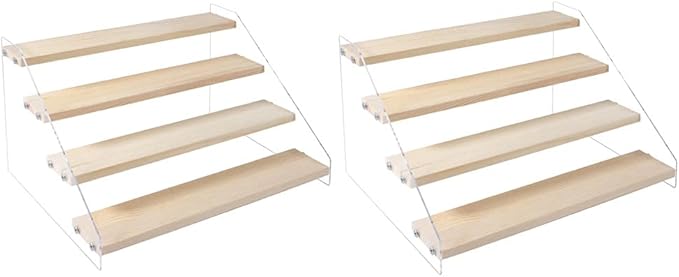 2 Pack 4 Tier Acrylic Display Stand for Figures Wooden Risers Display Case for Craft Fair Acrylic Cupcake Stand for Dessert Table Top Jewelry Displays for Craft Shows Perfume Shelf (SMALL)