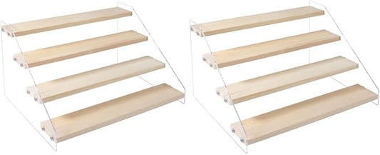 2 Pack 4 Tier Acrylic Display Stand for Figures Wooden Risers Display Case for Craft Fair Acrylic Cupcake Stand for Dessert Table Top Jewelry Displays for Craft Shows Perfume Shelf (SMALL)