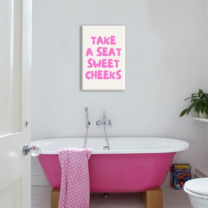 abrtolpffo Pink Take A Seat Sweet Cheeks Canvas Wall Art, Cute Quotes Aesthetic Poster for Room, Funny Bathroom Wall Decor, Trendy Girly Light Pink Restroom Picture Print 16x24in Wrapped Canvas