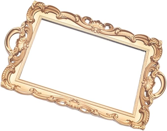 Cabilock Retro Mirror Makeup Tray Gold Rectangular Plastic Cosmetic Storage Plate Perfume Organizer Vanity Decorative Tray for Home and Dressing Table