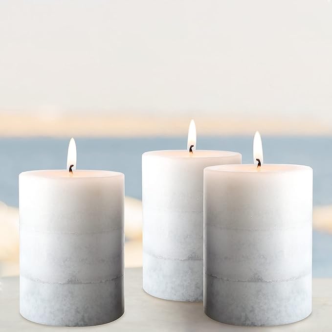 Set of 3 Scented Pillar Candles Creamy Coconut Scented 3" x 4" Long-Lasting Burn Candle White Gray Palette Pillar Candle Clean Burning No Drip Candles Gift for Home Party Dinner Table Decor