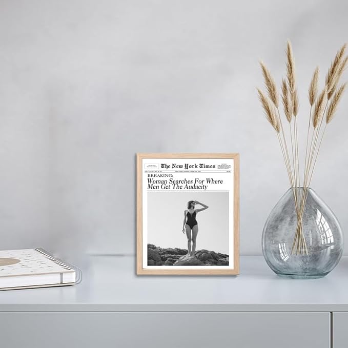 Bwodke OAK Wood Framed Wall Art Woman Searches For Where Men Get The Audacity Canvas Art Vintage Newspaper Pictures Wall Decor Trendy Retro Magazine Prints for Girly Dorm Bedroom 8"x10"