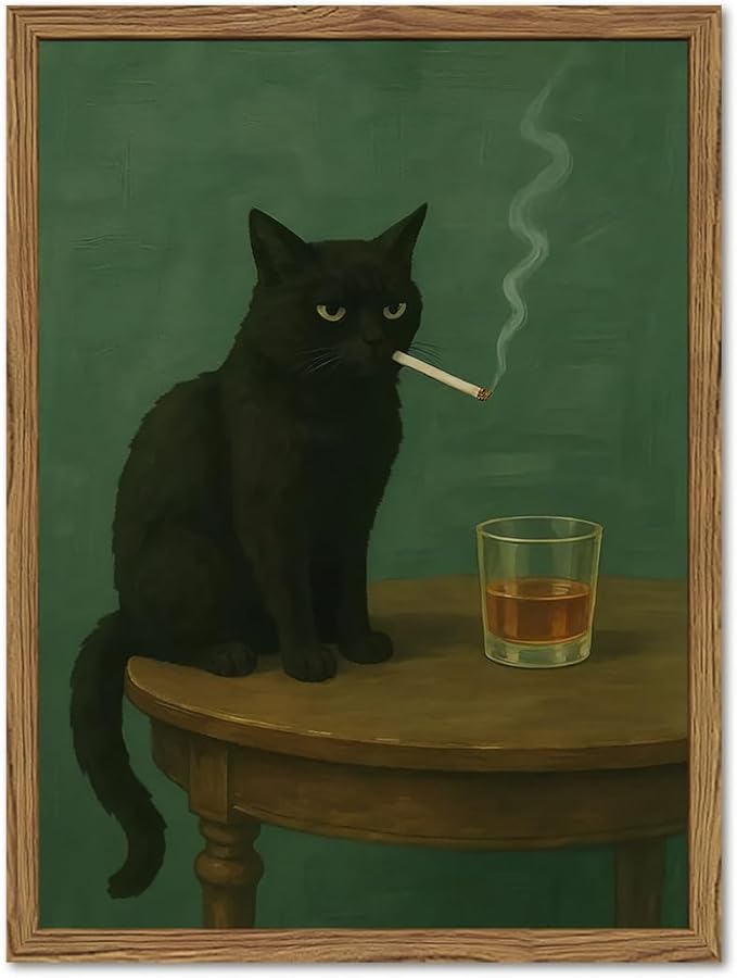 Moody Black Cat Wall Art, Funny Smoking Cat with Whiskey Wall Decor Painting Dark Humor Animal Bar Cart Poster Canvas Prints for Living Room Bedroom 12x16 inch Wood Framed
