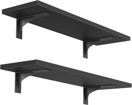 HOOBRO Floating Shelves for Wall, 15.4" Wall Mounted Shelves Set of 2, Hanging Storage Shelf with Metal Brackets, Wooden Shelf for Living Room, Bedroom, Bathroom, Black BK42BJP201G1