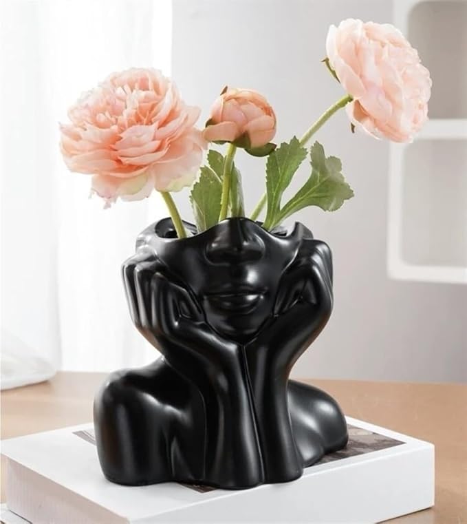 Face Vase – Small Human Body Art Vase in Resin,Women’s Head Shape for Flowers, Makeup Organizer & Desk Decor (Black)