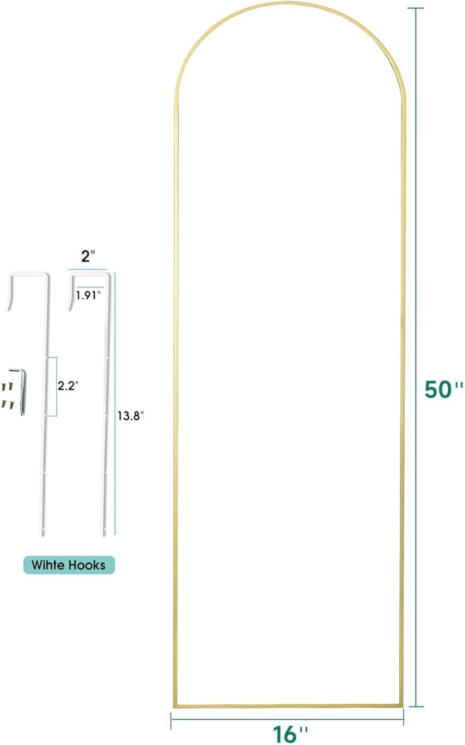 NEARBYSD DOOR-16"x50" Arched Full Length Mirror - Free Standing, Leaning & Hanging Mounted - Aluminum Frame Modern Simple Home Decor for Living Room, Bedroom & Cloakroom, Gold