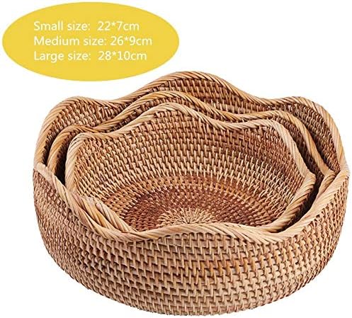 Handmade Rattan Round Fruit Basket Food Storage Bowls Kitchen Organizer Snack Serving Bowl, 11 Inch Boho Wicker Bread Bowl Woven Basket Décor for Nuts with 3”Side and Wavy Edge (Large 11")