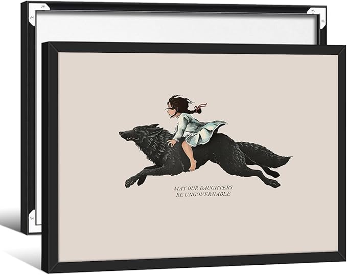 Modern Inspirational Quotes Posters May Our Daughters Be Ungovernable Wall Art 12X16 inch Black Framed Girl Riding Big Wolf Painting Feminist Positive Affirmations Wall Decor