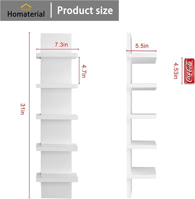 Homaterial 5 Tier Wall Shelf Unit, Small White Vertical Floating Shelf-Narrow Decorative Wall Mount Modern Wall Decor Shelves for Bedrooms, Living Rooms