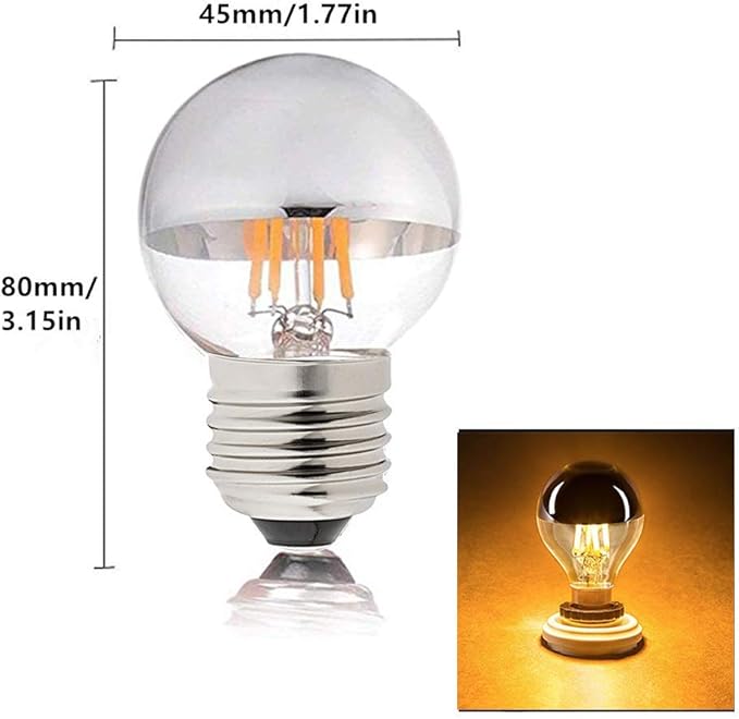 Lxcom Lighting 4W G45 Edison LED Bulb Silver Tipped Dimmable Vintage LED Filament Bulbs (4 Pack) - E26 Base G45 Antique Half Chrome, Warm White 2700K, 40W Equivalent, AC110V-130V