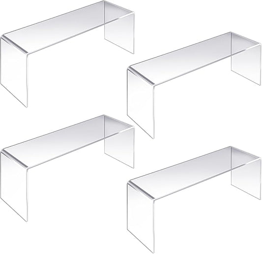 4 Pack Large Acrylic Risers – Clear Display Shelf Organizer for Kitchen, Countertop, Spices, Perfume, Cupcakes (12.4” x 4” x 4.6”) – Non-Slip & Durable