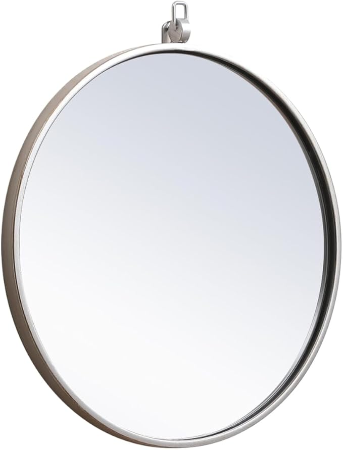 Brilliance, Metal Frame Round Mirror with Decorative Hook 18 Inch in Silver, Midcentury Modern, Silver