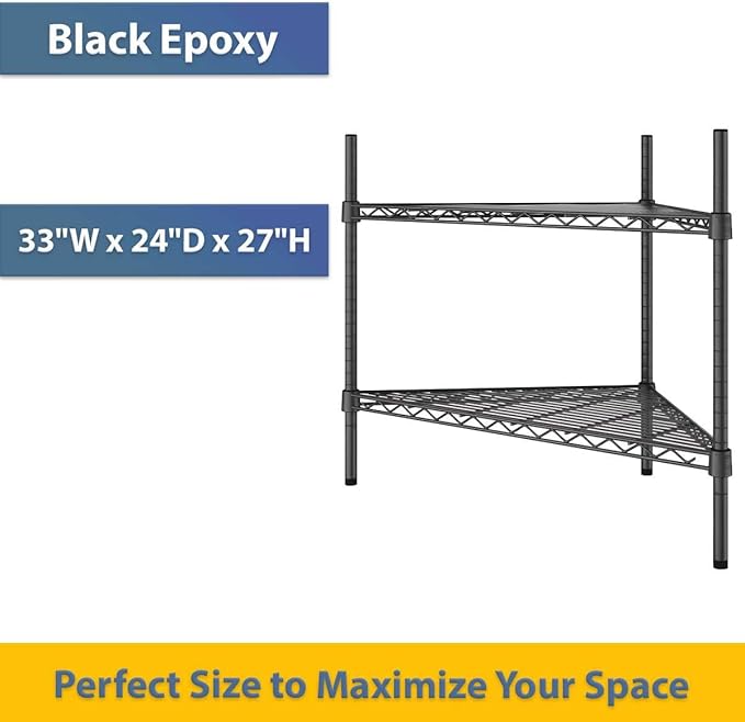 33" W x 24" D x 27" H NSF Black Triangle Heavy Duty Corner Shelving Kit, 2-Shelf Adjustable Wire Rack