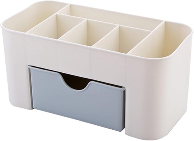 6 Compartments Cosmetics Makeup Organizer Cosmetic Storage Box with Drawer Multifunctional Makeup Desk Organizer for Home Bathroom(Blue)