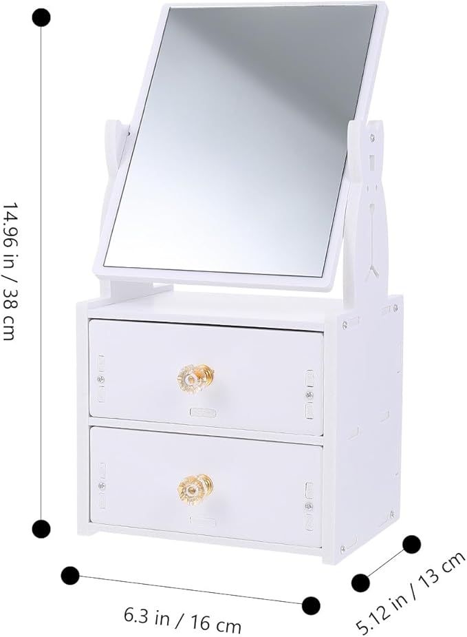Wakauto Desktop PVC Makeup Mirror with Storage Box, Portable Vanity Mirror with Double Drawers, Cosmetic Organizer for Home Use and Bedroom Dresser