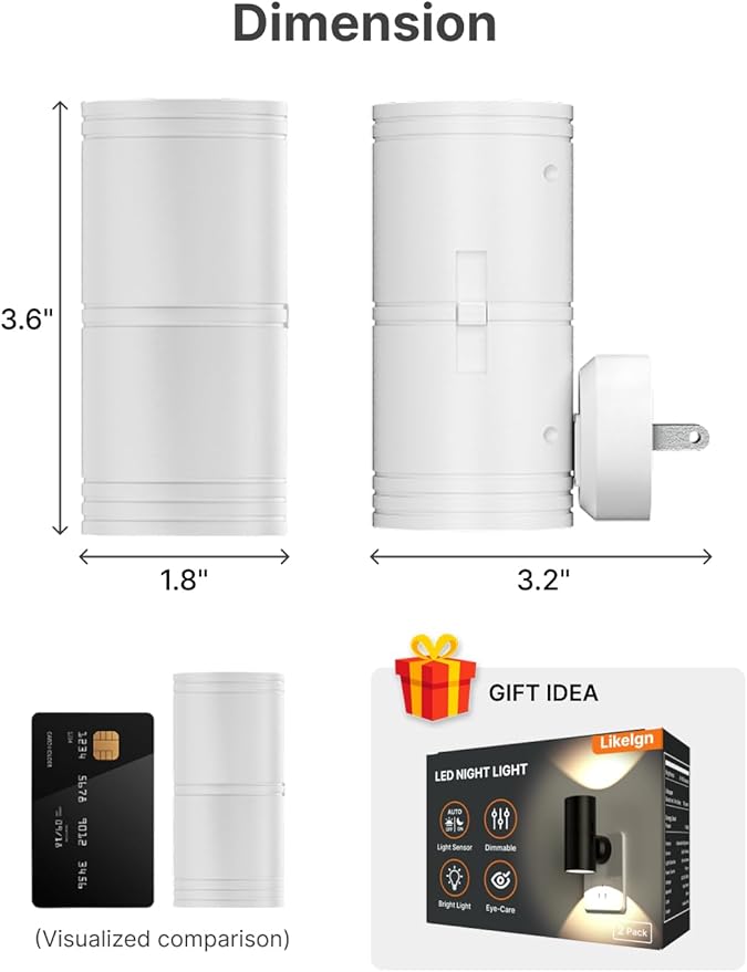 Likelgn Night Light Plug into Wall, 2 Pack Dimmable LED Nightlight with Dusk to Dawn Sensor, Soft White Glow, for Hallway, Bathroom, Bedroom, White