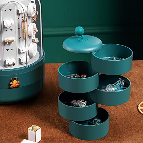 360 Rotating Jewelry Box Cosmetic Storage Box Transparent Makeup Organizer Earrings Desktop Organizer for Necklace ping (Color : Green)