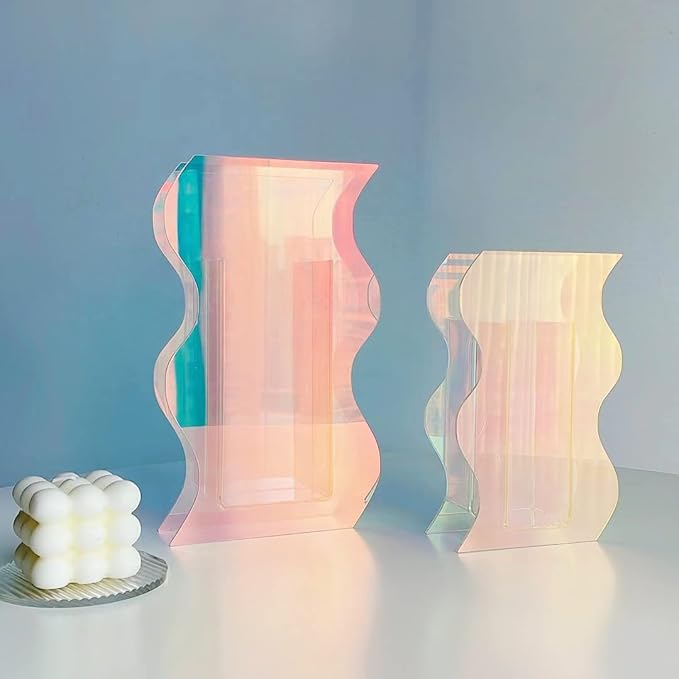 Smartmak Iridescent Acrylic Vase, Rainbow Colored Clear Modern Design Vases Home Décor, Colorful Wedding Decorations, for Artificial Flower, Office, Tabletop, Make Up Brushes Organizer Holder- M