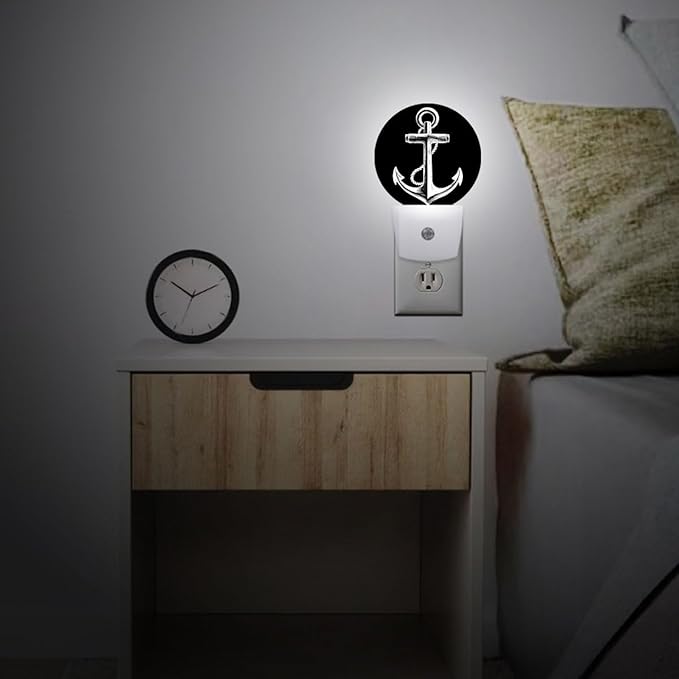 Nautical Anchor Black Night Light Plug Into Wall Auto Led Sleep Round Lamp for Living Room Hallway Stairs