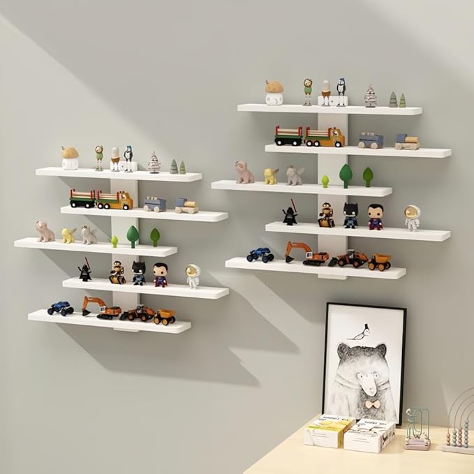 5-Tier Floating Wall Mounted Shelves, Wall Display Storage Shelf for Anime Figurines, Dolls, Plants & Statues, Decorative Organizer for Bedroom, Living Room, Study Room,Office（White）