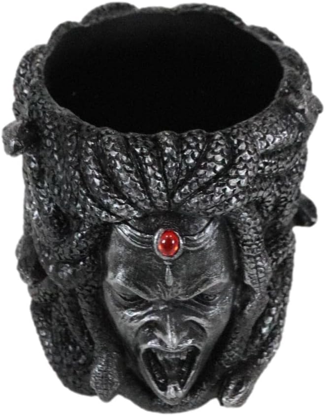 Ebros Gift Greek Mythology Gothic Gorgon Sisters Goddess Medusa With Wild Snakes Hair And Red Bloodshot Gem Head Ornament Decorative Stationery Pen Pencil Make Up Tools Organizer Holder