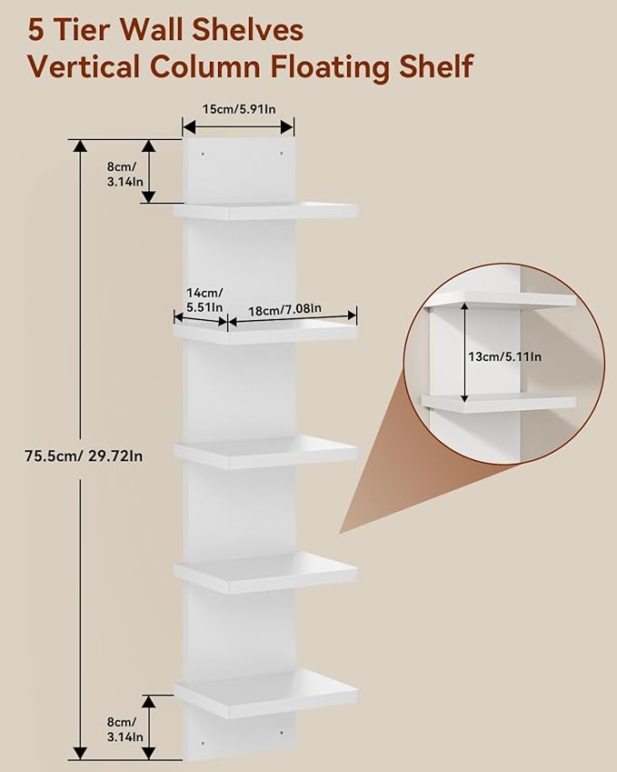 IBUYKE 5 Tier Wall Shelf Unit,White Vertical Shelf,Floating Storage Wall Shelf,Organizer Tall Tower Design Decorative Wall Mount Shelving for Home, Bedroom,Living Room,Office Decor WBC009W | Floating Storage, Wall Shelf, Organizer, Tall Tower Design, D...